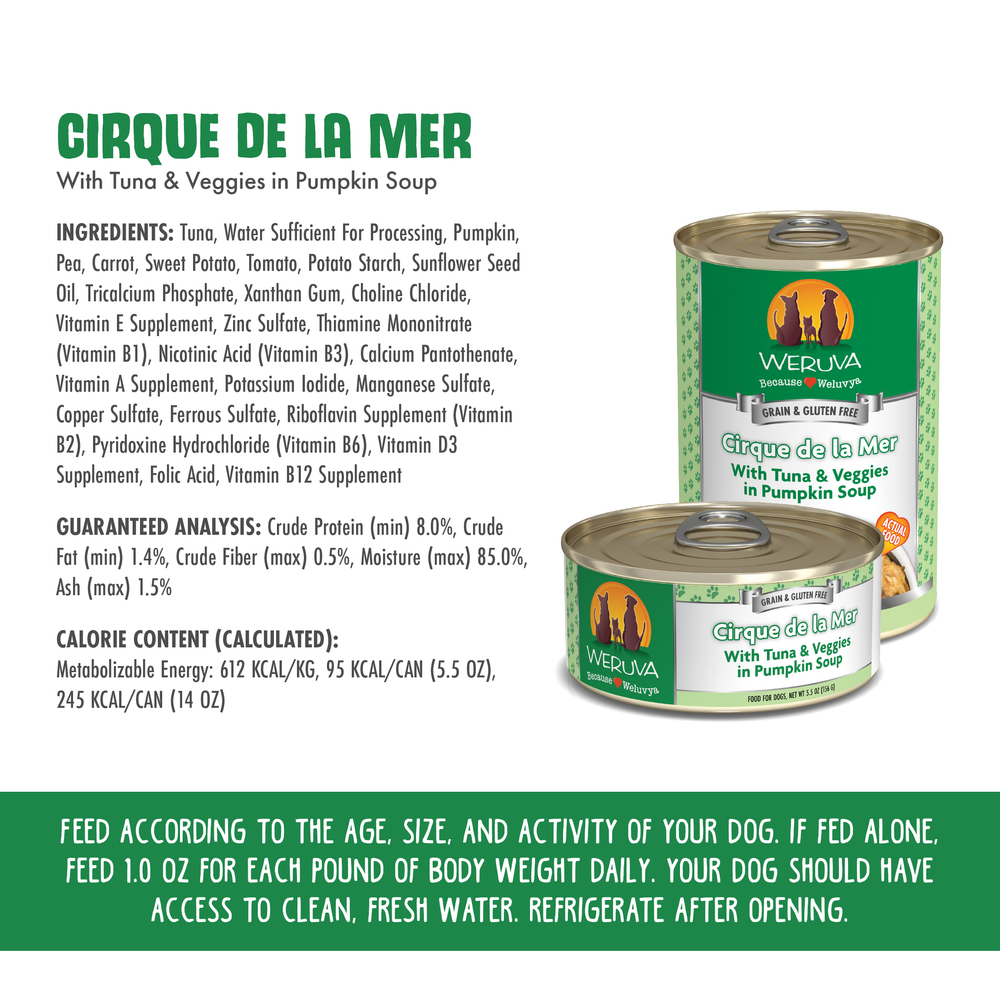 Weruva Classics Cirque De La Mer with Tuna & Veggies in Pumpkin Soup Wet Dog Food, 14 Oz.
