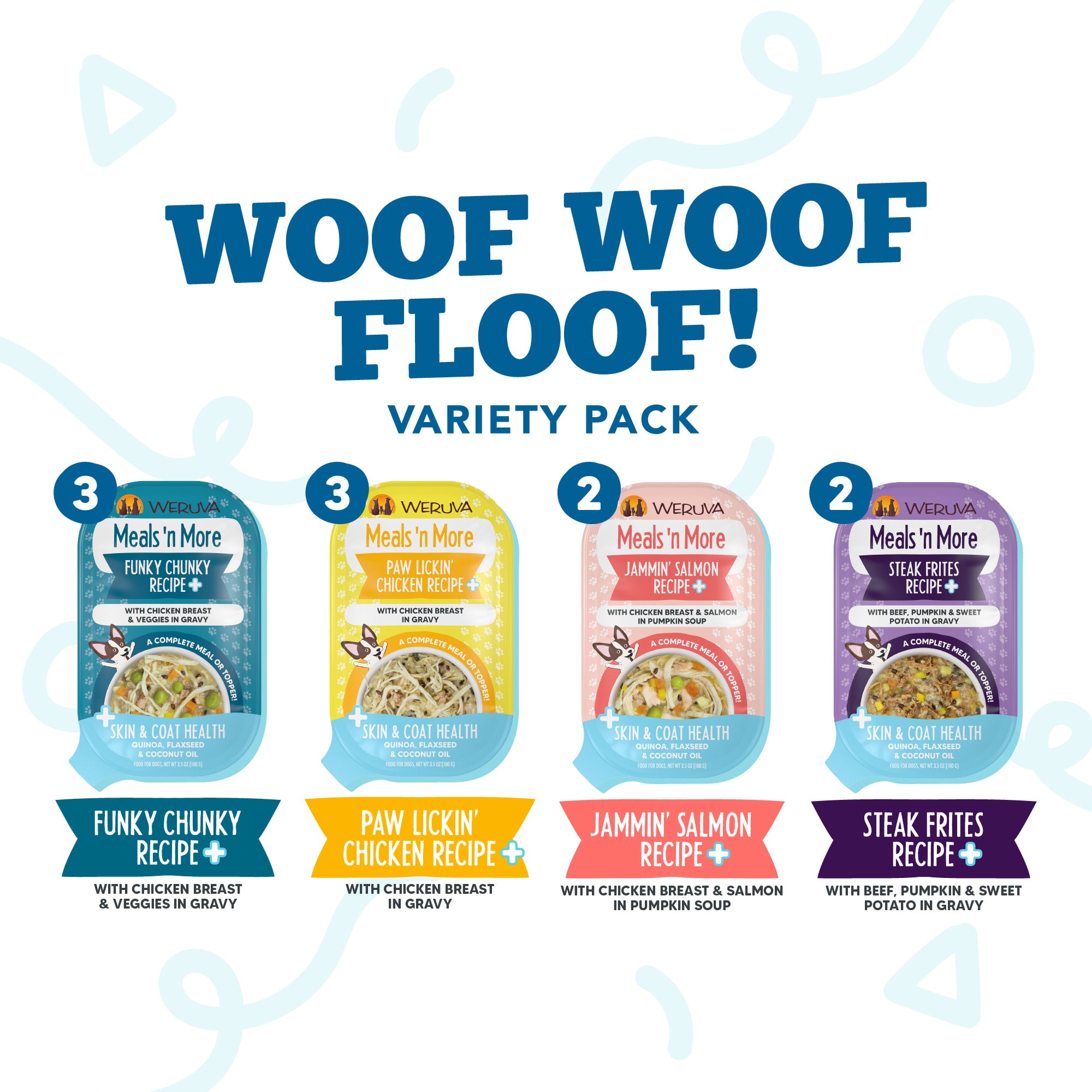 WERUVA DOG MEALS N' MORE WOOF WOOF FLOOF! 3.5OZ VARIETY PACK CUP - 10 PACK