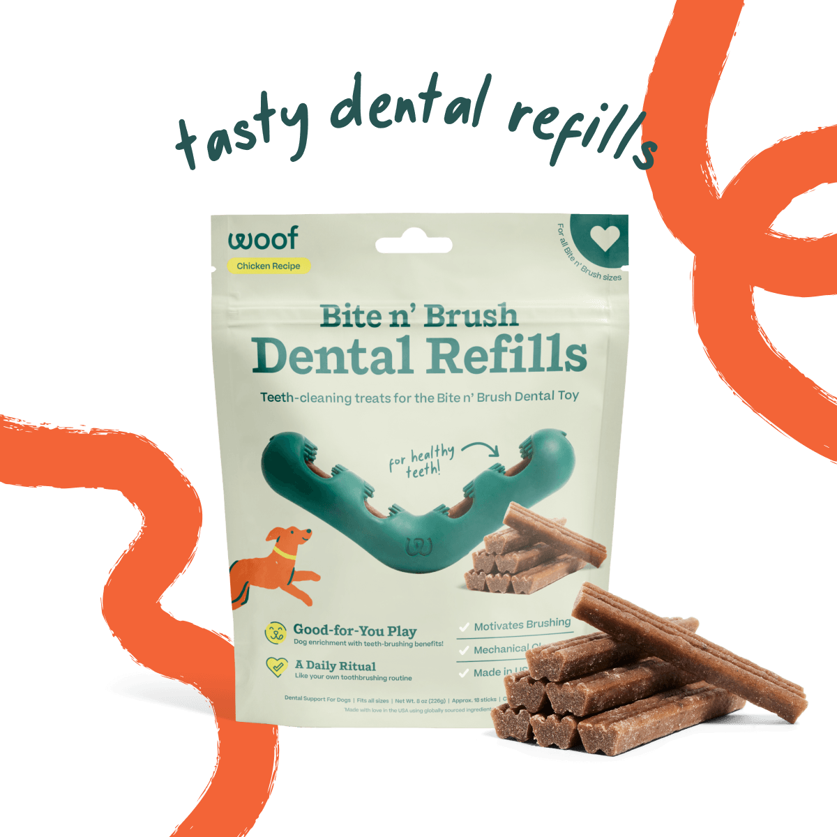 WOOF Dog - Bite N' Brush Chicken Sticks Refills Dental Treats 8 oz
